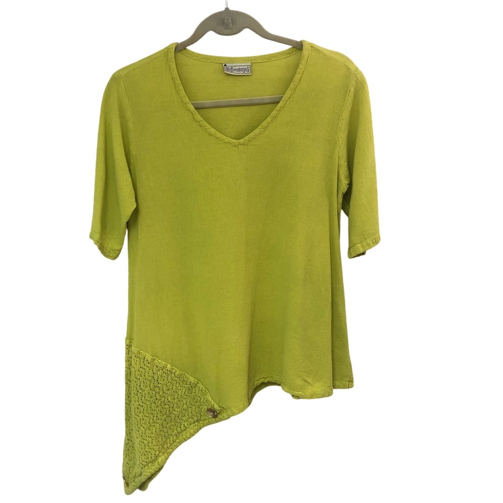 Cottonways 0 Tunic Lagenlook Boho Gauze Asymmetric Crochet Hem Lime Womens S